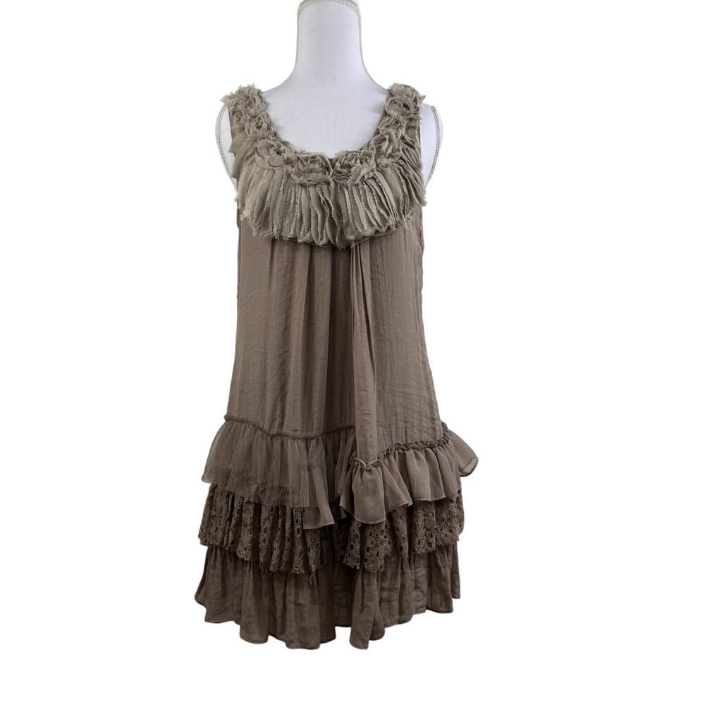 a’reve Cottagecore Taupe Mini Shift Dress Small Ruffled Lace Tulle Fairy Grunge
